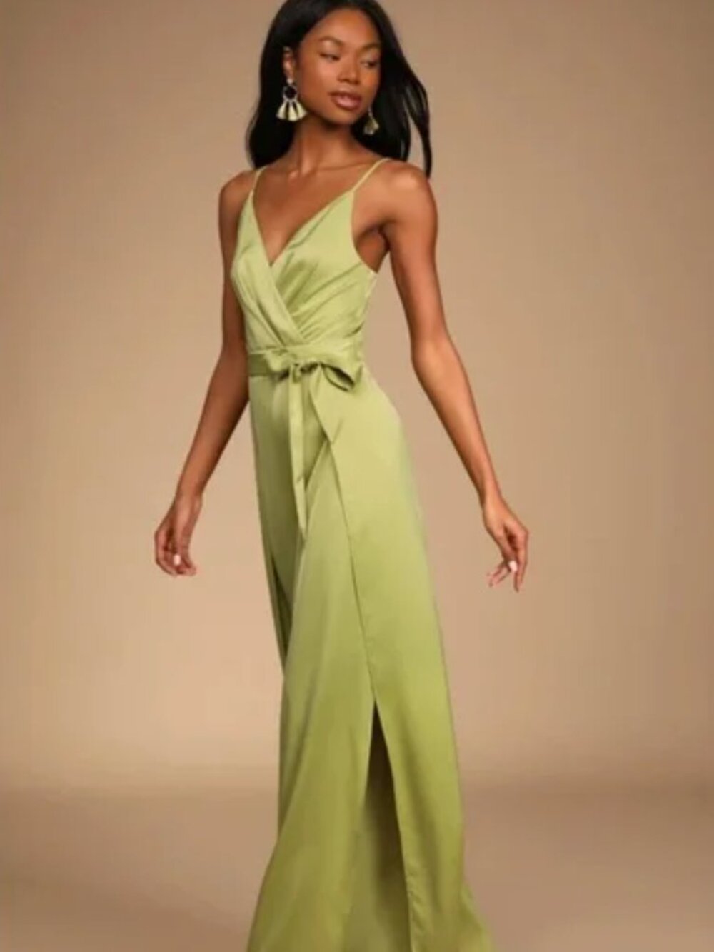 Lulus Chartreuse Satin Surplice Wide-Leg Jumpsuit | Size S - Picture 2 of 7